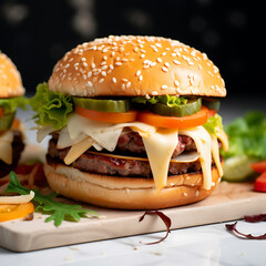 Double hamburger isolated on white background Fresh burger fast food with beef and cream cheese