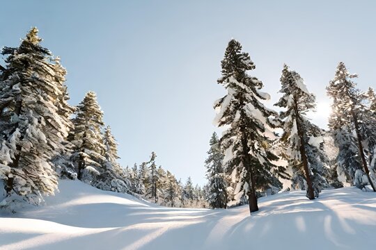 A snow-covered landscape with pine trees and a clear sky