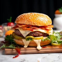 Double hamburger isolated on white background Fresh burger fast food with beef and cream cheese
