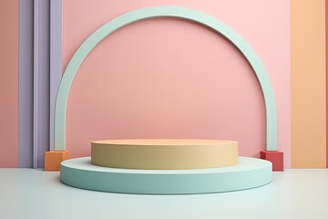 round podium with geometric shapes, pastel colors,