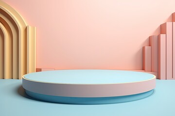 round podium with geometric shapes, pastel colors,