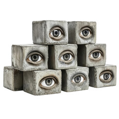 set of concrete block Filled with Eyes from all direction, horror, trippy,  Concrete cube isolated on white background or transparent background.