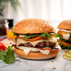 Double hamburger isolated on white background Fresh burger fast food with beef and cream cheese