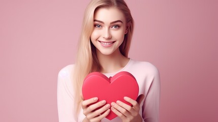 Valentines day concept. Cute teenage asian girl showing big red heart card, falling in love, pink background. Generative AI