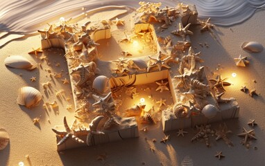 A letter A-Z  isometric design, dreamy gold tone, sun lights , Shell and sand  covered, Abbreviation letter A-Z.