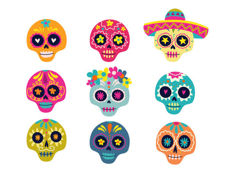 Colorful skulls, Mexican sugar skulls for Day of the dead, dia de los muertos. Religious art motif isolated vector set.