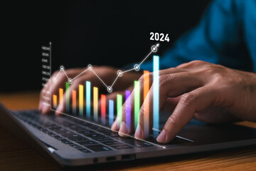 2024 business to achieve growth strategic investment capital, goal of success stock market. company comprehensive plan budget, trend for year. Analyzing financial data and market trends from 2023. - obrazy, fototapety, plakaty