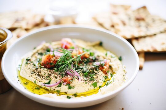 elevated bowl of hummus with sprinkle of zaatar and flatbread