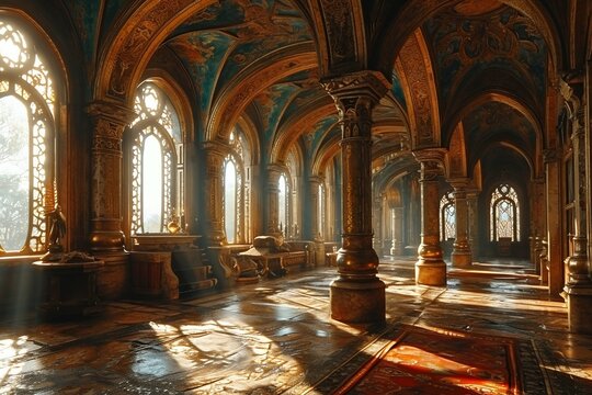 Sunlit Gothic Chapel Interior. Generative ai