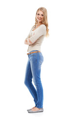 Obraz premium Woman, portrait and arms crossed with fashion in studio for empowerment, positive mindset or happy. Model, person and confident with casual outfit, trendy clothes or mock up space on white background