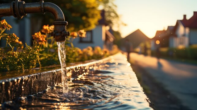 Close up the old faucet releases water, bokeh village background