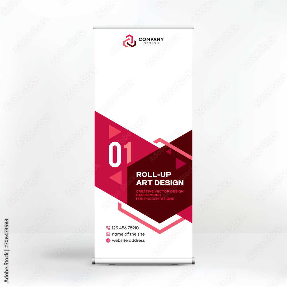 Wall mural roll-up design, geometric red background for photos and text, creative design for presentations and 