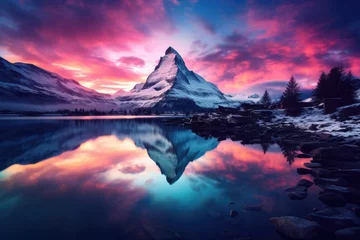 Poster Im Rahmen beautiful mountain nature landscape by lake at sunset © krissikunterbunt