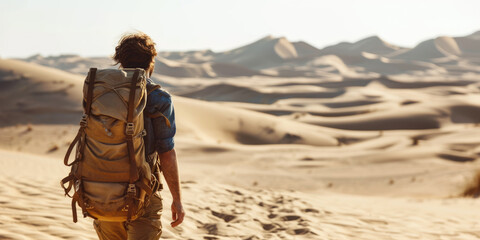 Close up an adventurer with a backpack walking, seen from behind - sand desert