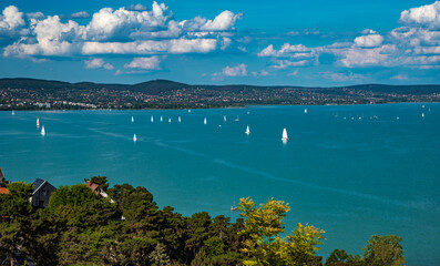 Lake Balaton panoramic view with sailboats from Tihany abbey in Hungary