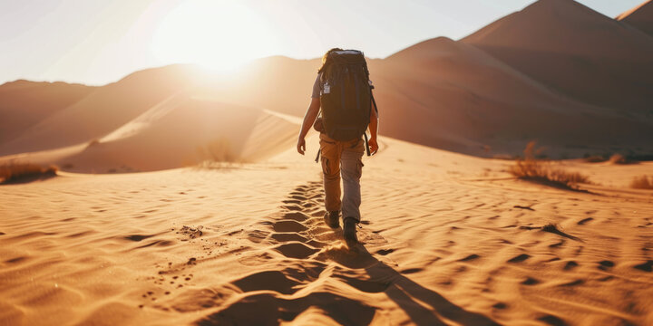 Close up an adventurer with a backpack walking, seen from behind - sand desert
