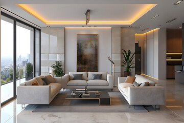 Modern Living Room with Beige Furniture and Glass Windows