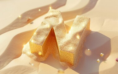 A letter A-Z  isometric design, dreamy gold tone, sun lights , Shell and sand  covered, Abbreviation letter A-Z.