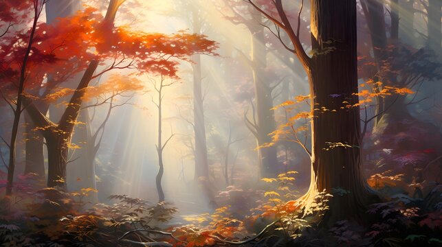 Autumn forest with fog and sunbeams - panoramic image