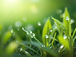 Fresh grass with dew drops, close up. Morning sunlight, spring concept