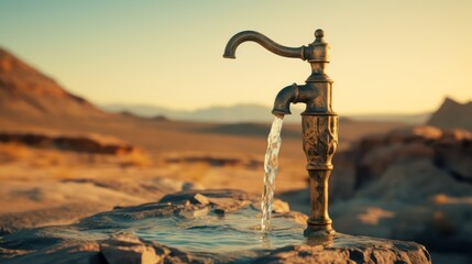 Close up the old faucet releases water, bokeh desert background - obrazy, fototapety, plakaty