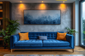 Modern Living Room with Blue Sofa in a Modern Flat