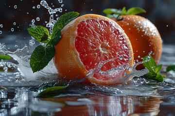 Ripe Grapefruit with Splashing Water and Mint Leaves