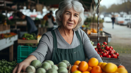 Portrait of an elderly woman near a stall in the outdoor food market.  - obrazy, fototapety, plakaty