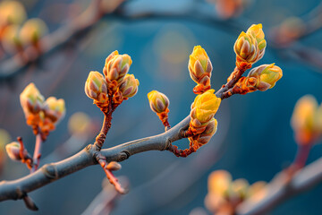 spring and early blossom, buds on a tree branch. fresh early morning. nature, fitness. green and healthy life style, start of life. March, april, february. - obrazy, fototapety, plakaty
