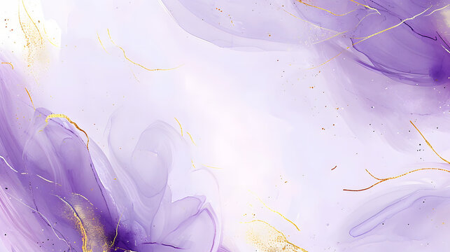 Abstract luxury lavender liquid watercolor background with golden cracks. Pastel violet marble alcohol ink drawing effect. Vector illustration design template for wedding invitation