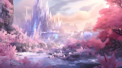 Beautiful natural landscape with lake, forest and pink trees. Digital painting.