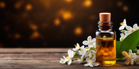 Neroli essential oil with flowers on wooden background