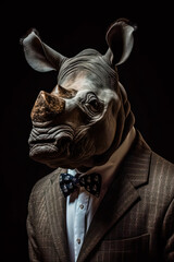 Portrait of a rhino dressed in a formal business suit.