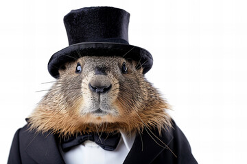 A groundhog in a top hat poses in a photo studio. isolated on white background. copy space - obrazy, fototapety, plakaty