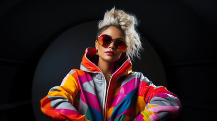 Photos of people in neon-colored street clothes. The style of the 90s meets the modern style. Generative AI