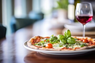 margherita pizza served with a glass of red wine