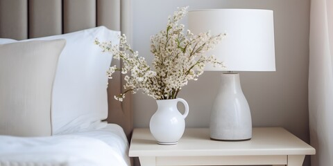Lamp and flowers on the nightstand in the bedroom. Home interior in Scandinavian style.