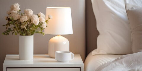 Lamp and flowers on the nightstand in the bedroom. Home interior in Scandinavian style. - obrazy, fototapety, plakaty