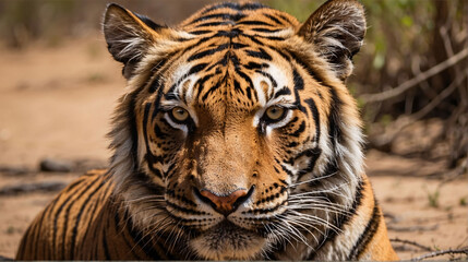 Close up of the face of an Amur Tiger Panthera tigris altaica, also called a Siberian tiger, with detail of the fur markings and eyes Omaha, Nebraska, United States of America