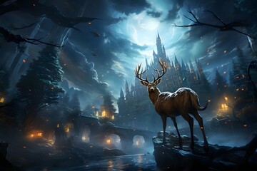 Illustration of a deer in the forest at night, 3d render