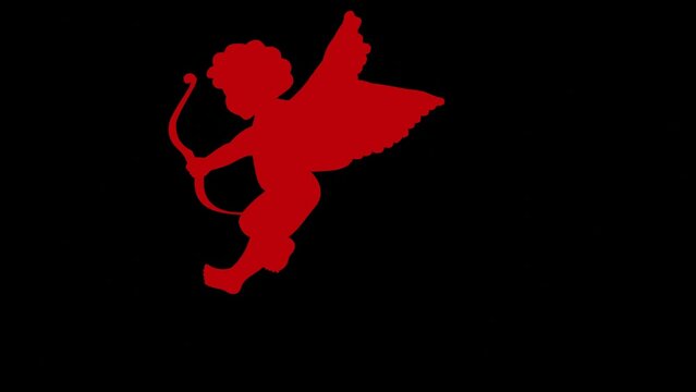 2D Animated character Red Cupid Shoots an Arrow. Cupid Shooting Heart Arrows,  Little baby angel with bow and arrow. Valentines day 2d animation With alpha matte.