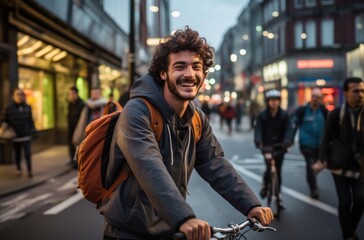 Smiling man enjoys bicycle ride in the city, commuter lifestyle photo