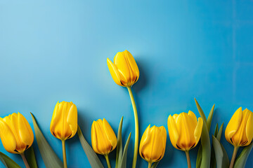 Obraz premium Yellow tulips on blue background with space for text