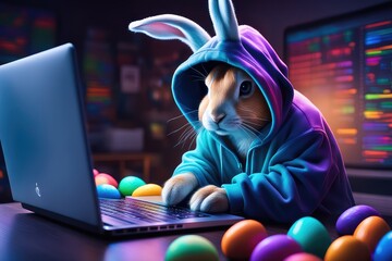 The Easter Bunny is a programmer. The Easter bunny is working at the computer. The Hacker Rabbit - obrazy, fototapety, plakaty