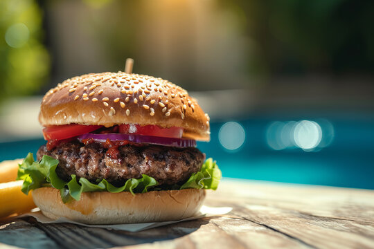 mouthwatering burger next to summer swimming pool	