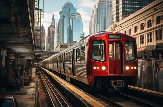 Subway train surrounded by tall buildings in the city, urban transportation image