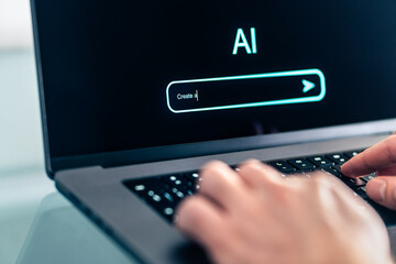 AI prompt chat bot. Search website to generate data, text or image. Man using computer with artificial intelligence app. Virtual assistant in digital creative work. Content generator technology. - Powered by Adobe
