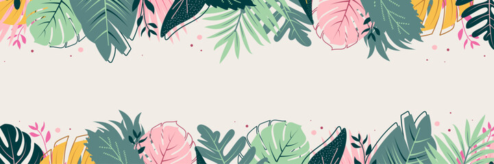 Abstract background banner made of botanical tropical palm leaves branches in the jungle in green and pink color tones. Design for banner poster decoration. Flat style. Vector illustration. - obrazy, fototapety, plakaty