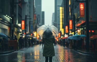 Woman holding umbrella on city street during rain, city commute photo