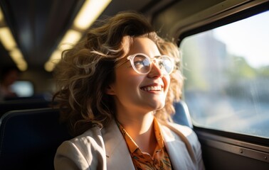 Female businesswoman wearing glasses on train, urban transportation image